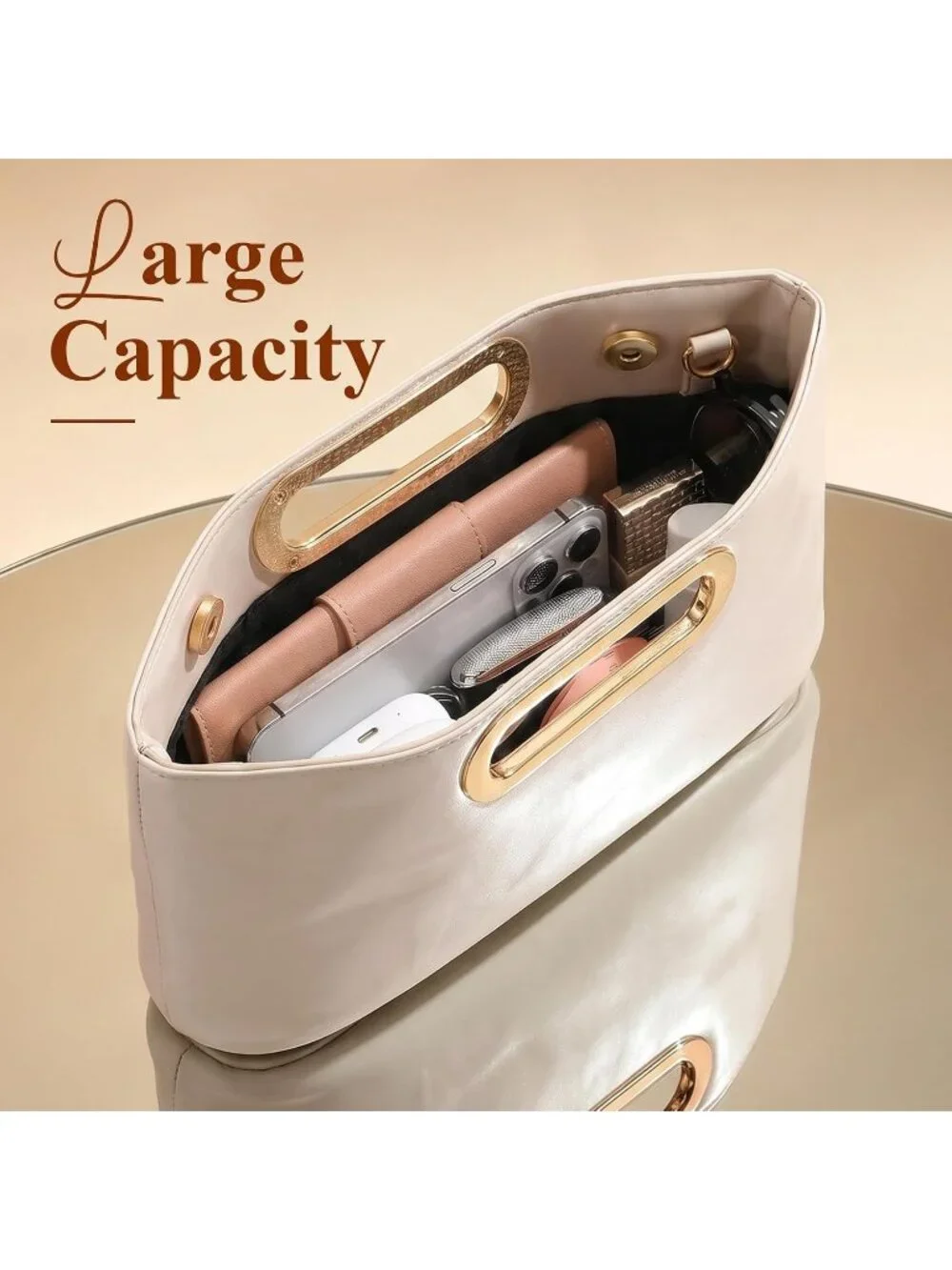 Women's Cream Clutch Handbag Modern Faux Leather with Metal Handle Evening Bag